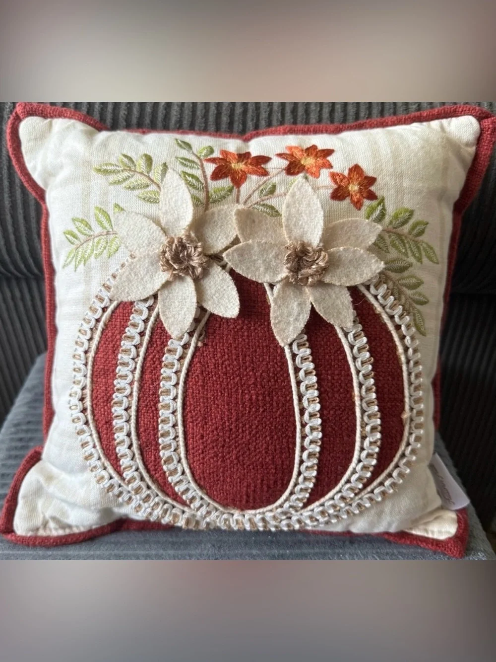 Autumn Hill Fall Embroidered Pumpkin Throw Pillow Floral Decorative